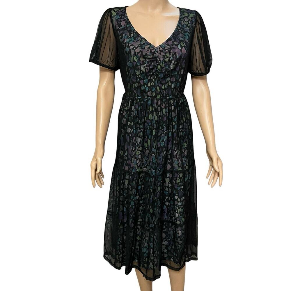 Torrid Soft Mesh Midi Dress 0X Puff Sleeve Spotted Print Tiered Whimsigoth Fairy